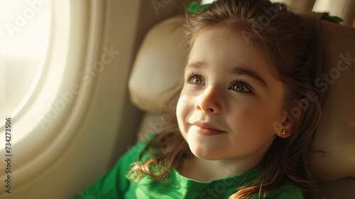 A young passenger looks out the airplane window on the way to Ireland for St. Patrick's Day. The gentle glow of sunlight penetrates the clouds. photo