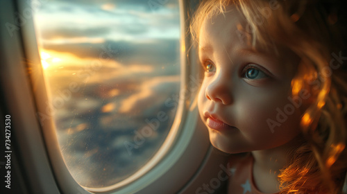 A young passenger looks out the airplane window on the way to Ireland for St. Patrick's Day. The gentle glow of sunlight penetrates the clouds. photo