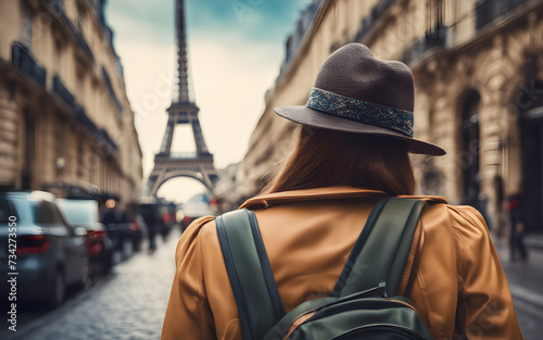 Rear centered view of a european traveler girl in the street of Paris, defocused background