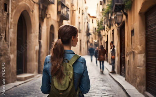 Rear centered view of a traveler girl in the street of old town in Spain, defocused background © julien.habis