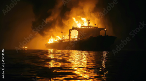 Cargo ship in fire at night, tanker burning in sea after explosion, accident on industrial vessel in ocean water. Concept of oil, disaster and pollution.