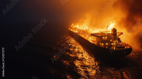 Cargo ship in fire at night, aerial view of tanker burning in sea after explosion, accident on industrial vessel in ocean water. Concept of oil, disaster