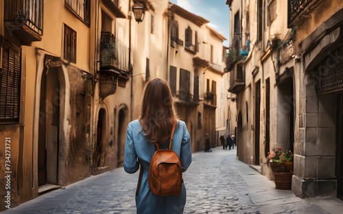 Rear centered view of a traveler girl in the street of old town in Spain, defocused background