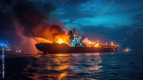Fire and smoke on cargo ship at dusk, tanker burning in sea after explosion, accident on industrial vessel in ocean water at night. Concept of oil, disaster, rescue