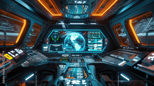 Spaceship cabin interior, futuristic cockpit with computers and control panels in spacecraft. Inside command room with modern dashboard. Concept of space station, technology