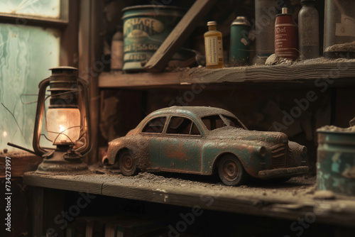 AI generated illustration of rusted toy cars and miscellaneous items displayed on a shelf photo