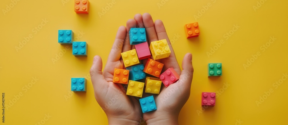 Naklejka premium Hands holding colorful toy plastic bricks, blocks for building toys on yellow background