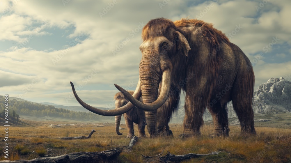 Fototapeta premium Mammoth with its cub in grassland in prehistoric times.