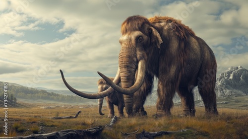 Mammoth with its cub in grassland in prehistoric times.