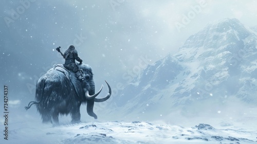 A warrior riding a mammoth in wild prehistoric times. Fantasy and surreal.
