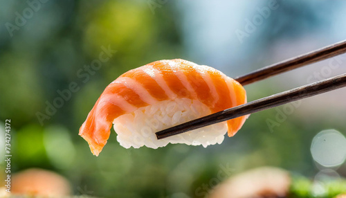 Zoom of chopsticks holding sushi with a blurred background