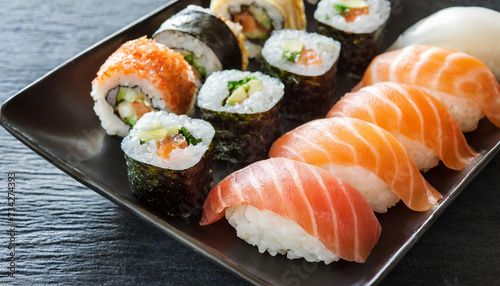 A plate of decorated sushi on a black table