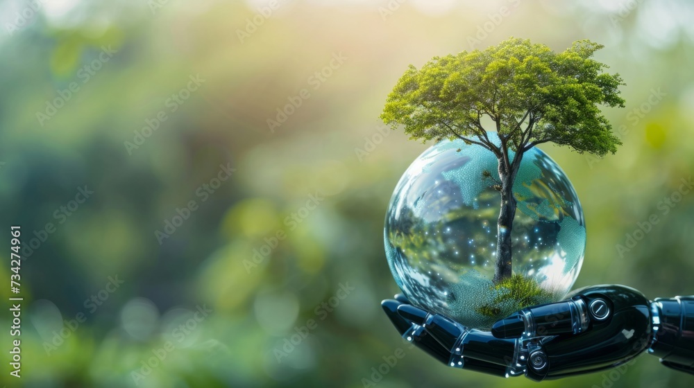 Crystal ball of earth and tree in robot hand creating awareness about caring for the environment. generative ai
