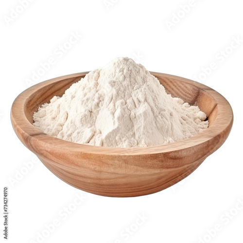 pile of finely dry organic fresh raw buckwheat flour powder in wooden bowl png isolated on white background. bright colored of herbal, spice or seasoning recipes clipping path. selective focus