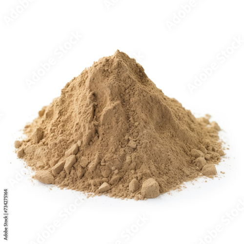 close up pile of finely dry organic fresh raw comfrey root powder isolated on white background. bright colored heaps of herbal, spice or seasoning recipes clipping path. selective focus photo