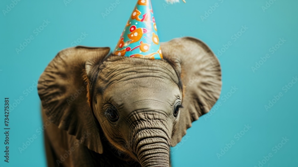 Elephant calf with birthday hat, generative ai