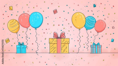 Hand-drawn birthday scene with floating balloons and gifts on a confetti-dotted pink background.