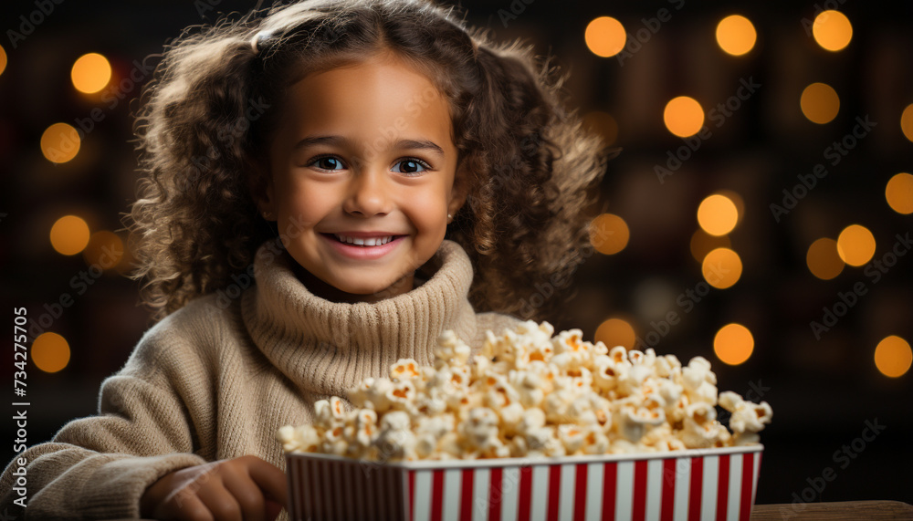 Smiling child enjoying snack, looking at camera, surrounded by Christmas lights generated by AI Smiling child enjoying snack, looking at camera, surrounded by Christmas lights generated by AI