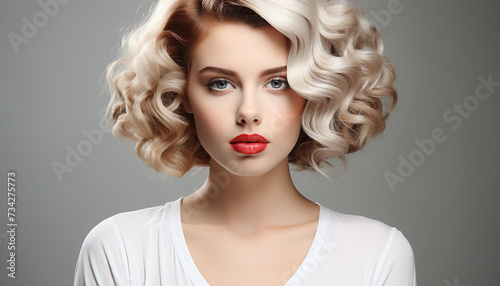 Beautiful woman with curly blond hair, looking at camera sensually generated by AI