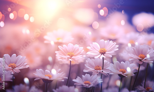 Daisy flower field under the morning light  panoramic view  generated by ai