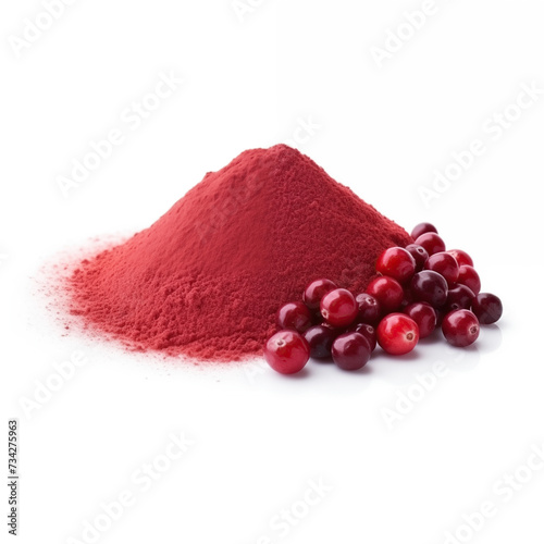 close up pile of finely dry organic fresh raw cranberry fruit powder isolated on white background. bright colored heaps of herbal, spice or seasoning recipes clipping path. selective focus photo