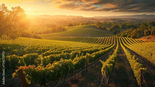 The setting sun casts a golden glow over row upon row of grapevines in a sprawling vineyard, symbolizing a rich harvest season. Resplendent.