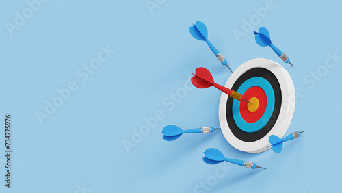 Practice until succeed concept. Success after many failures. Success rate, effort or cost to reach goal or target. Archery target on wall with one hitting and many missed arrows. 3d illustration photo