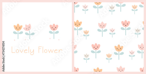 Seamless pattern with cute flower. Cartoon floral background. Pastel color collection. For wallpaper, background, wrapping, fabric, print design