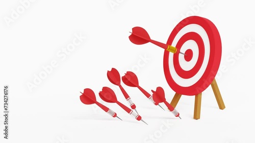 Success after many failures concept, Failure gives experience and makes you successful, Archery target ring with one hitting and many missed arrows. 4k 3d animation photo