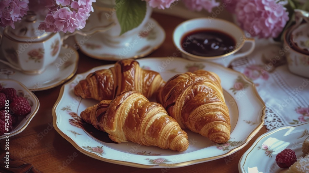 a couple of croissants sitting on a plate next to some raspberries and a cup of coffee. a couple of croissants sitting on a plate next to some raspberries and a cup of coffee.