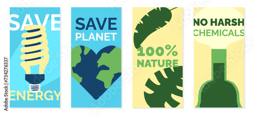 Set of Ecology banners for social networks. Environmental protection. Save nature. Love and care for planet. Tropical leaves, nature. No harsh chemicals. Energy saving light bulb. Vector illustration
