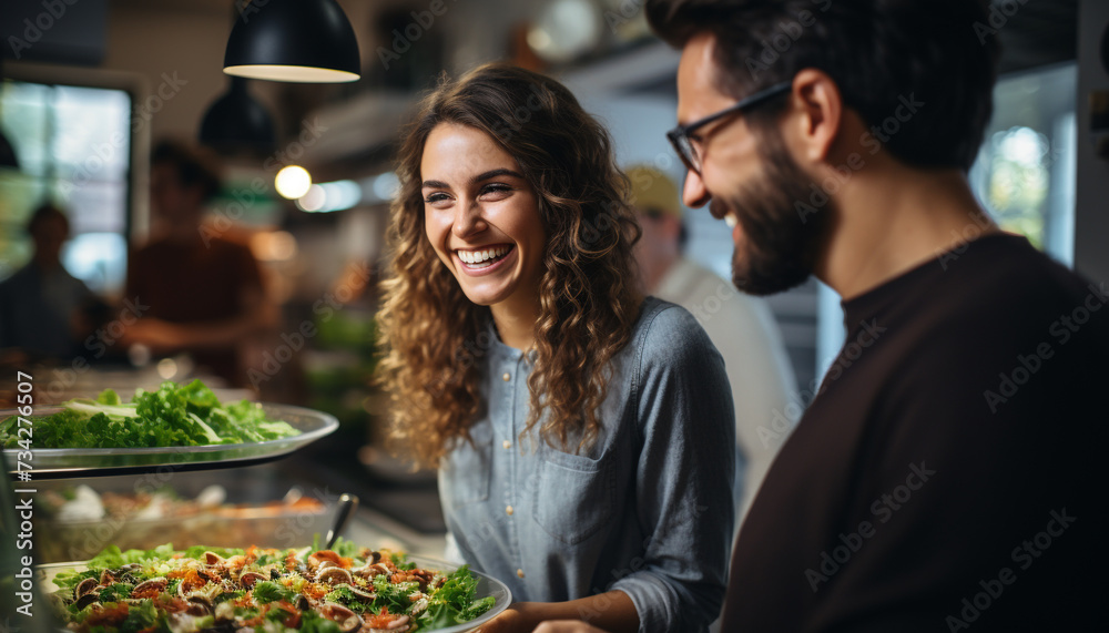 Two young adults, a man and a woman, smiling and cooking together in a domestic kitchen generated by AI
