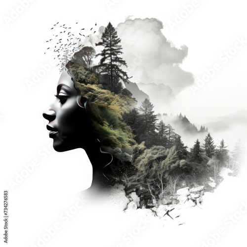 doble exposure of a black female and a forest on white background