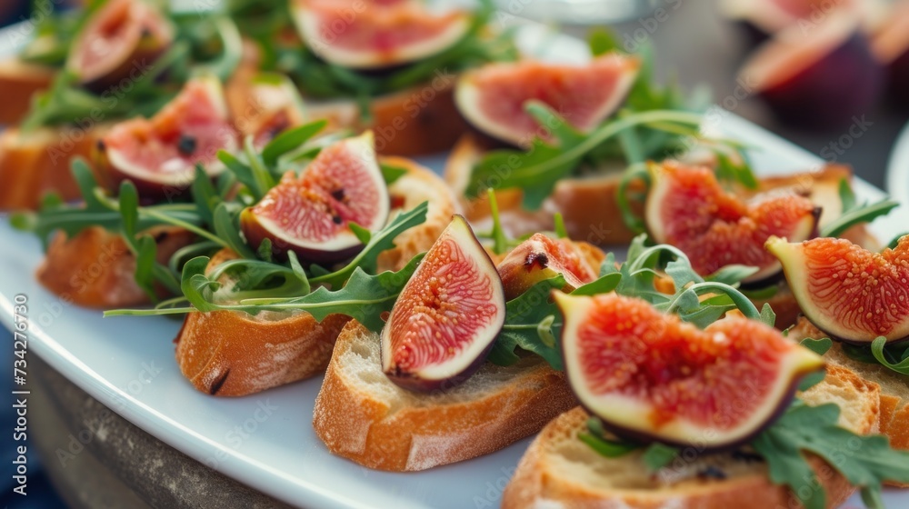  a close up of a plate of bread with figs and greens on it and a glass of water in the background.