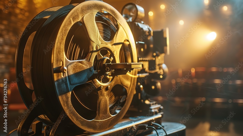 Vintage film reel and projector bask in soft light, casting shadows on an old movie screen, evoking a sense of nostalgia