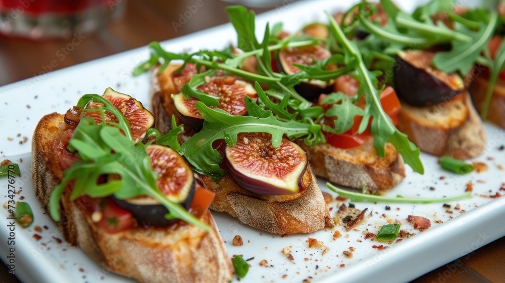  a white plate topped with toasted bread topped with figs and green leafy garnish on top of a wooden table.