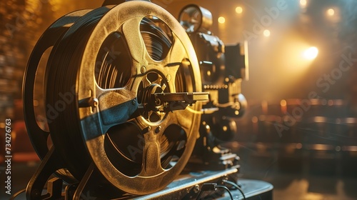 Vintage film reel and projector bask in soft light, casting shadows on an old movie screen, evoking a sense of nostalgia