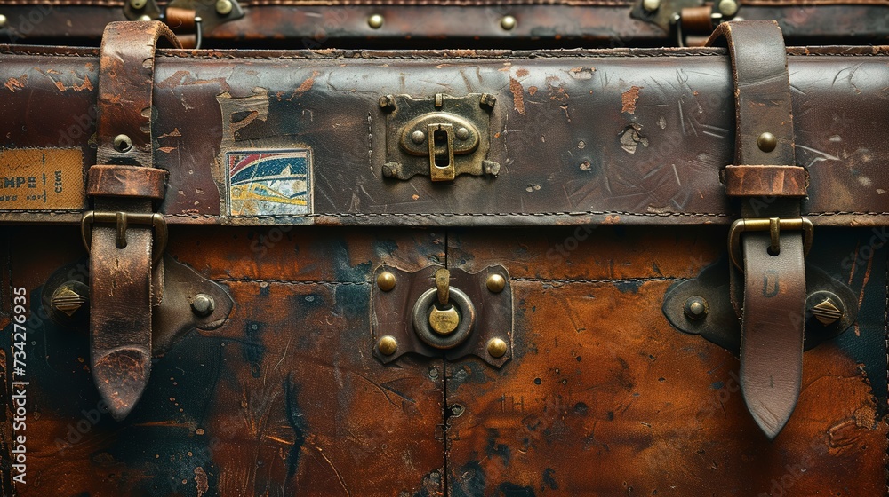 Close-up of a vintage leather suitcase with travel patina