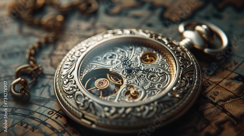 Vintage map serves as a backdrop to an ornate antique pocket watch