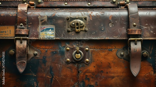 Close-up of a vintage leather suitcase with travel patina