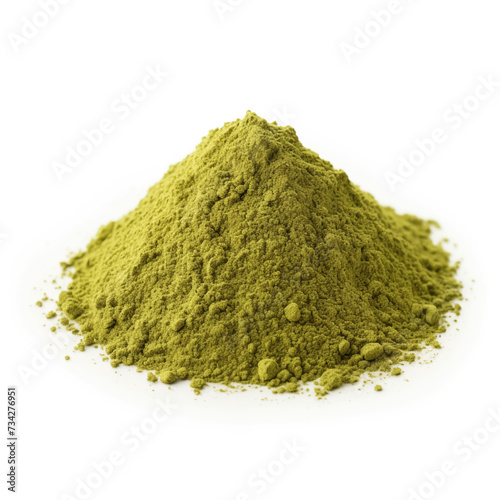 close up pile of finely dry organic fresh raw damiana leaf powder isolated on white background. bright colored heaps of herbal, spice or seasoning recipes clipping path. selective focus