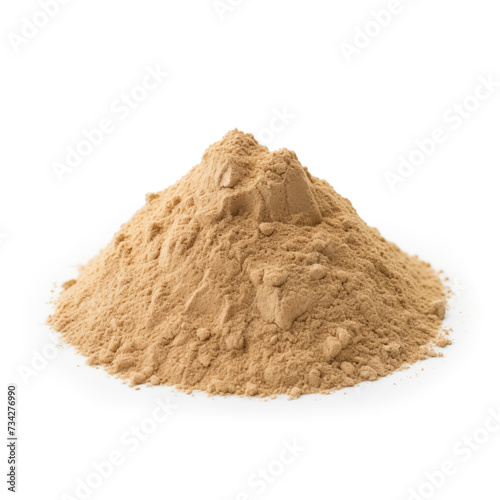 close up pile of finely dry organic fresh raw dandelion root powder isolated on white background. bright colored heaps of herbal  spice or seasoning recipes clipping path. selective focus