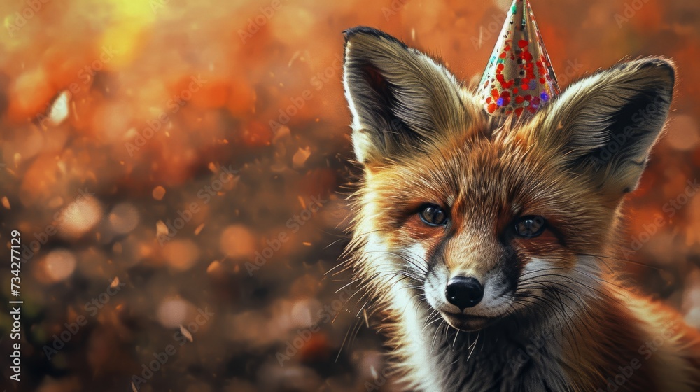 Fototapeta premium Fox kit with birthday hat generative ai