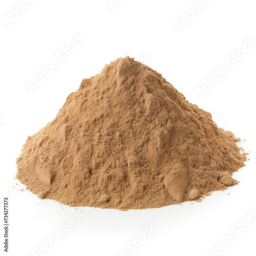 close up pile of finely dry organic fresh raw devils claw powder isolated on white background. bright colored heaps of herbal  spice or seasoning recipes clipping path. selective focus