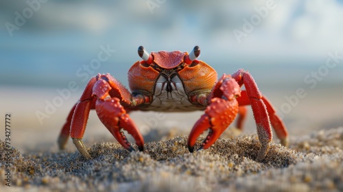  a close up of a crab on a beach with a cloudy sky in the backgrounnd of the picture. © Olga