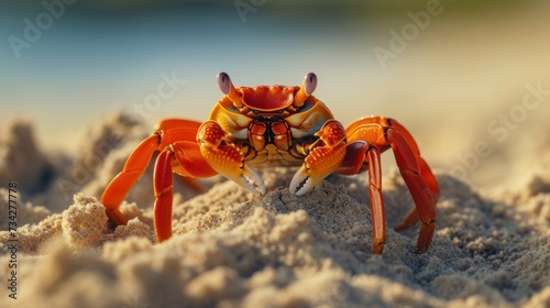  a close up of a bright orange crab on a sandy beach with a blue sky in the backgroud.