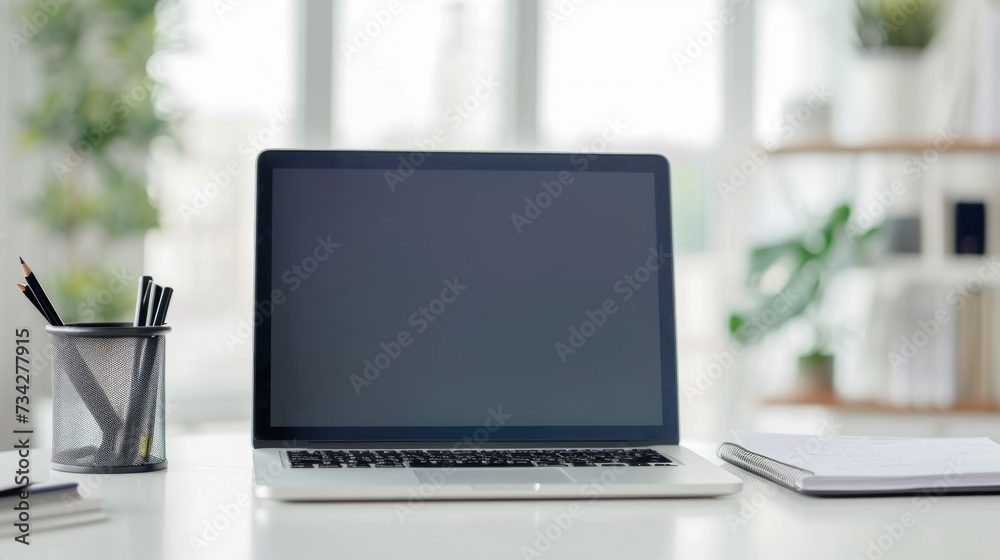 laptop on white table. generative ai laptop on white table. generative ai