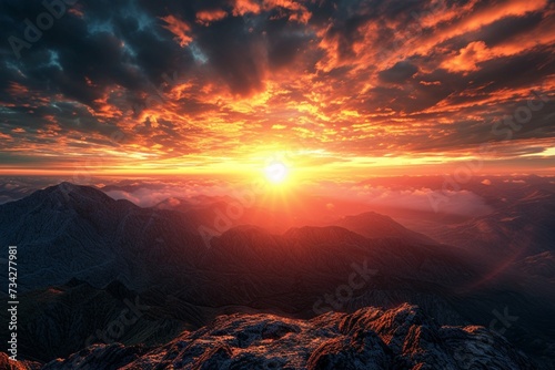 Amazing bright sunset over rocky cloudy mountains
