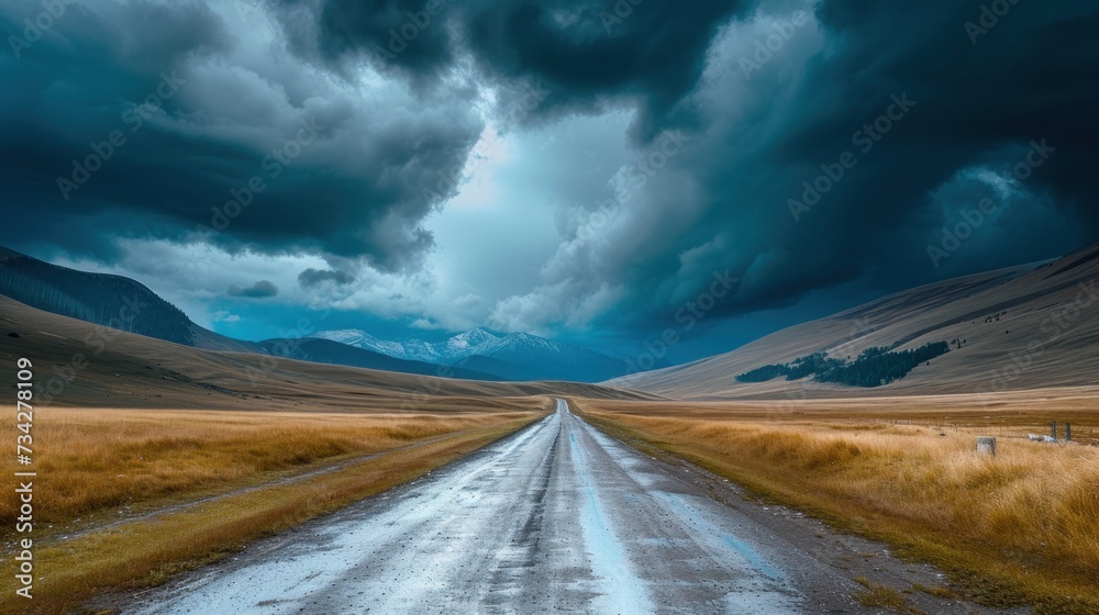 Fototapeta premium a dirt road in the middle of a field with mountains in the background and dark clouds in the sky above.