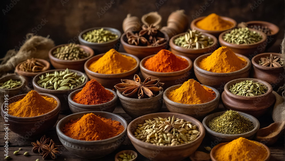 variousdifferent dry spices in bowls asian